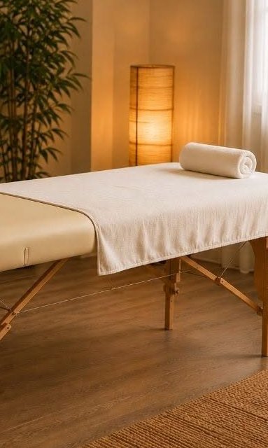 La cabine de soin : table de massage, lumière douce et plante verte
