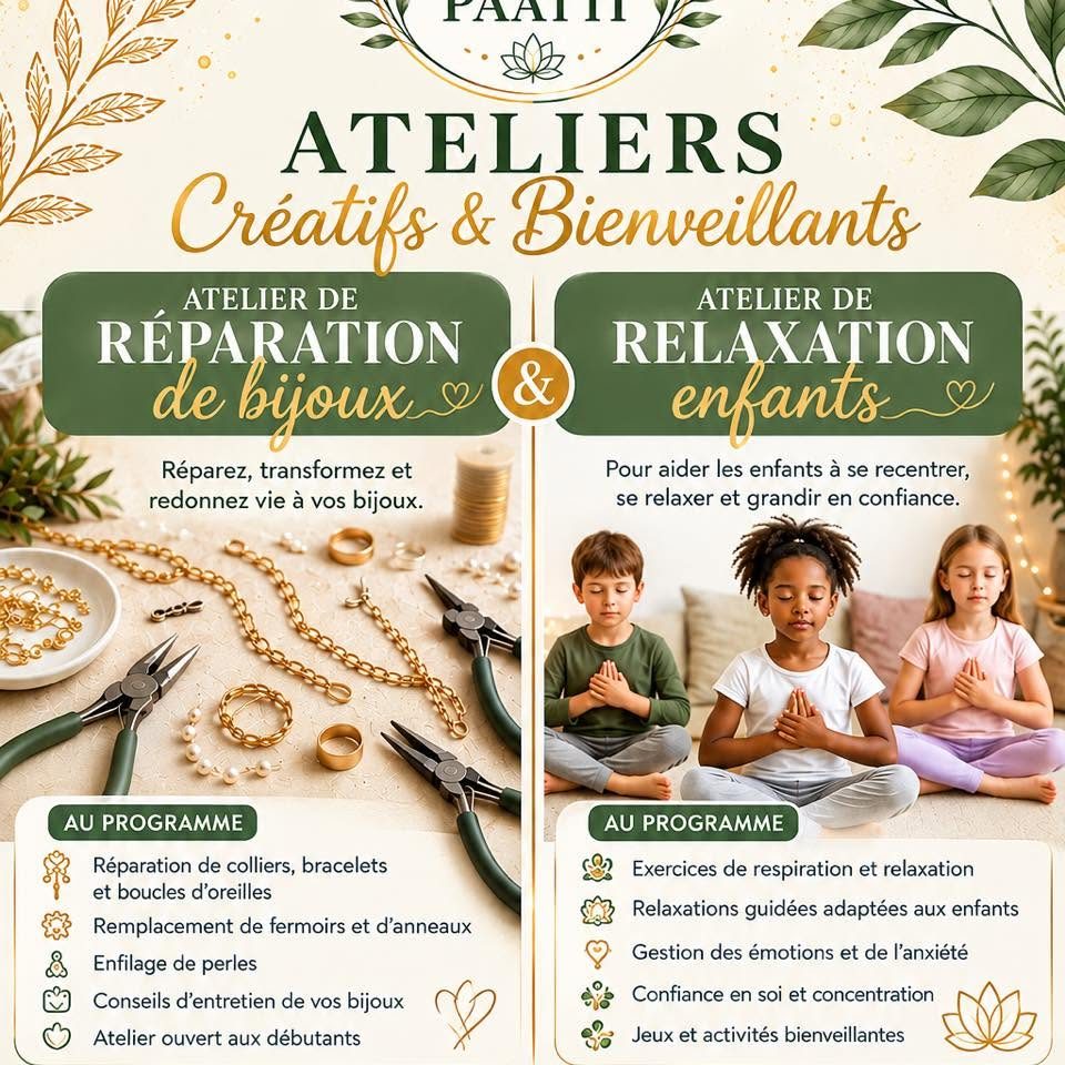 Affiche des ateliers : réparation de bijoux et relaxation enfants